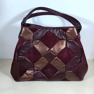 COACH Edie 3 Patchwork Quilted Leather Shoulder Bag Oxblood Bronze